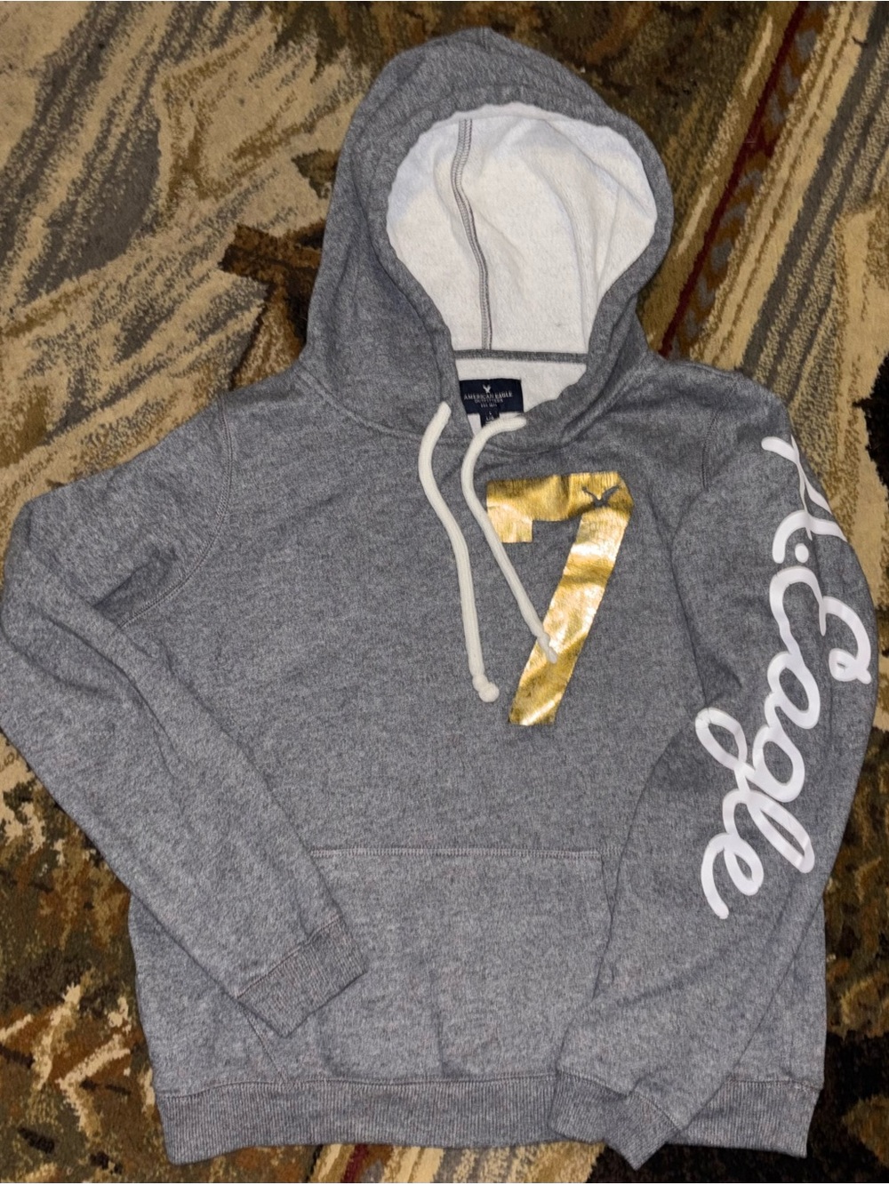 American Eagle Outfitters Gray Hooded Sweatshirt with Gold '7' Accent